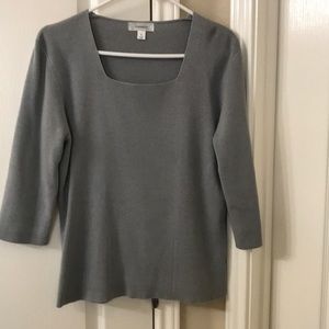 Women’s grey scoop neck knit sweater.